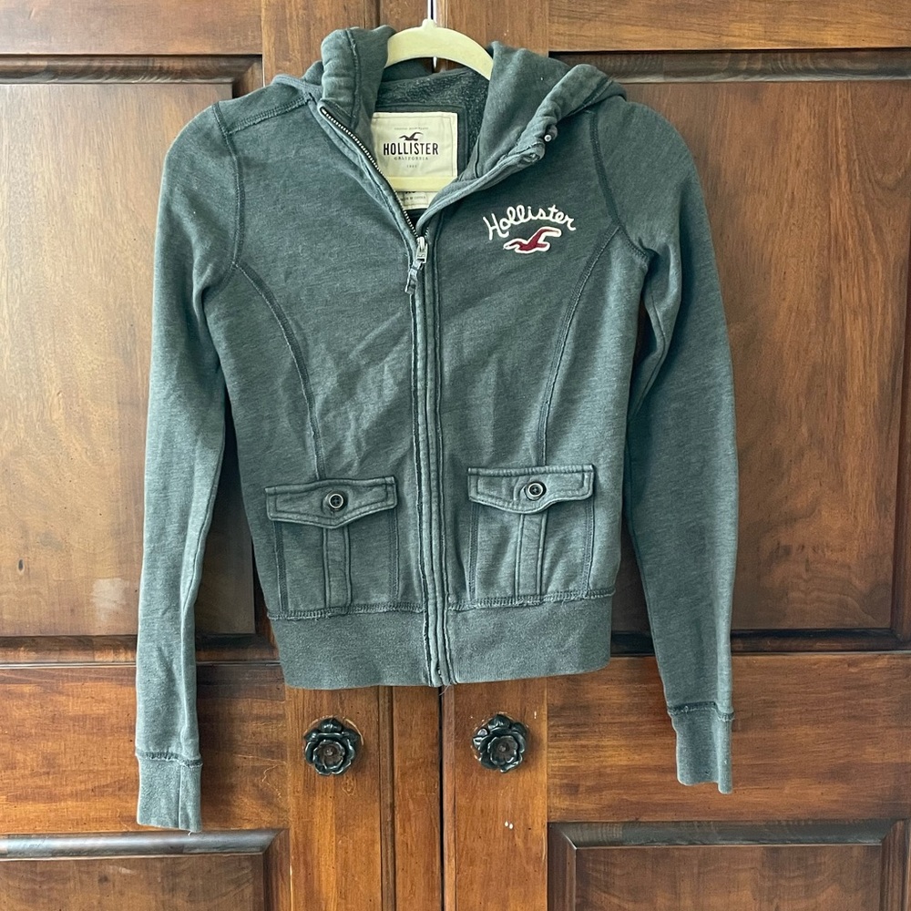 Hollister Grey Green Cargo Zip Hoodie Sweater XS
